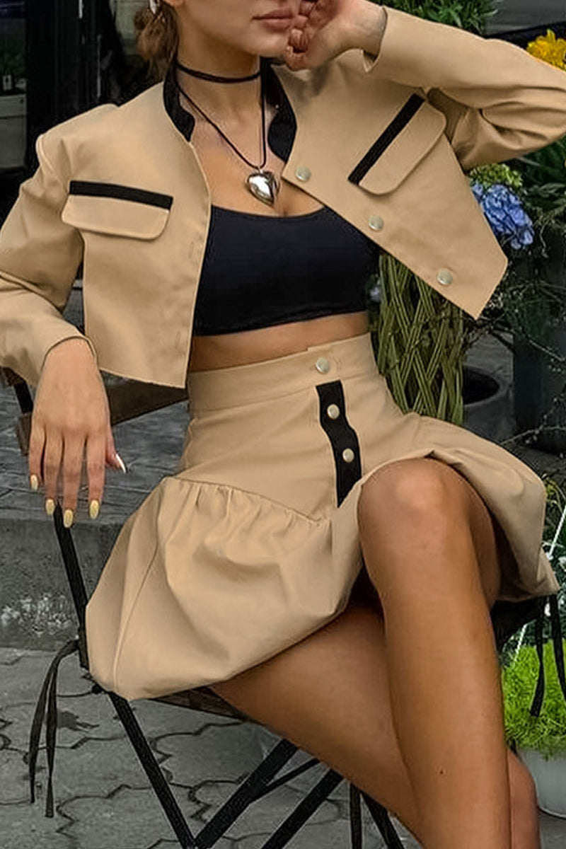 Casual Street Buttons Patchwork Contrast O Neck Long Sleeve Two Pieces - Fashionpara