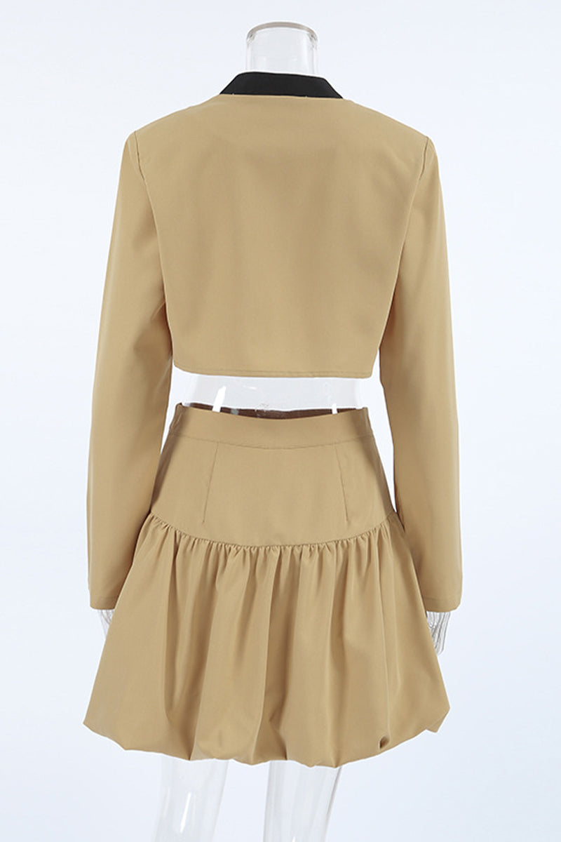 Casual Street Buttons Patchwork Contrast O Neck Long Sleeve Two Pieces - Fashionpara