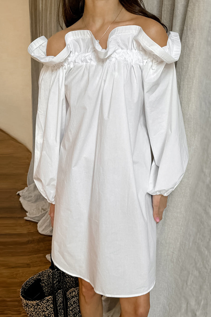 Casual Solid Color Ruffle Off Shoulder Off The Shoulder Dresses - Fashionpara
