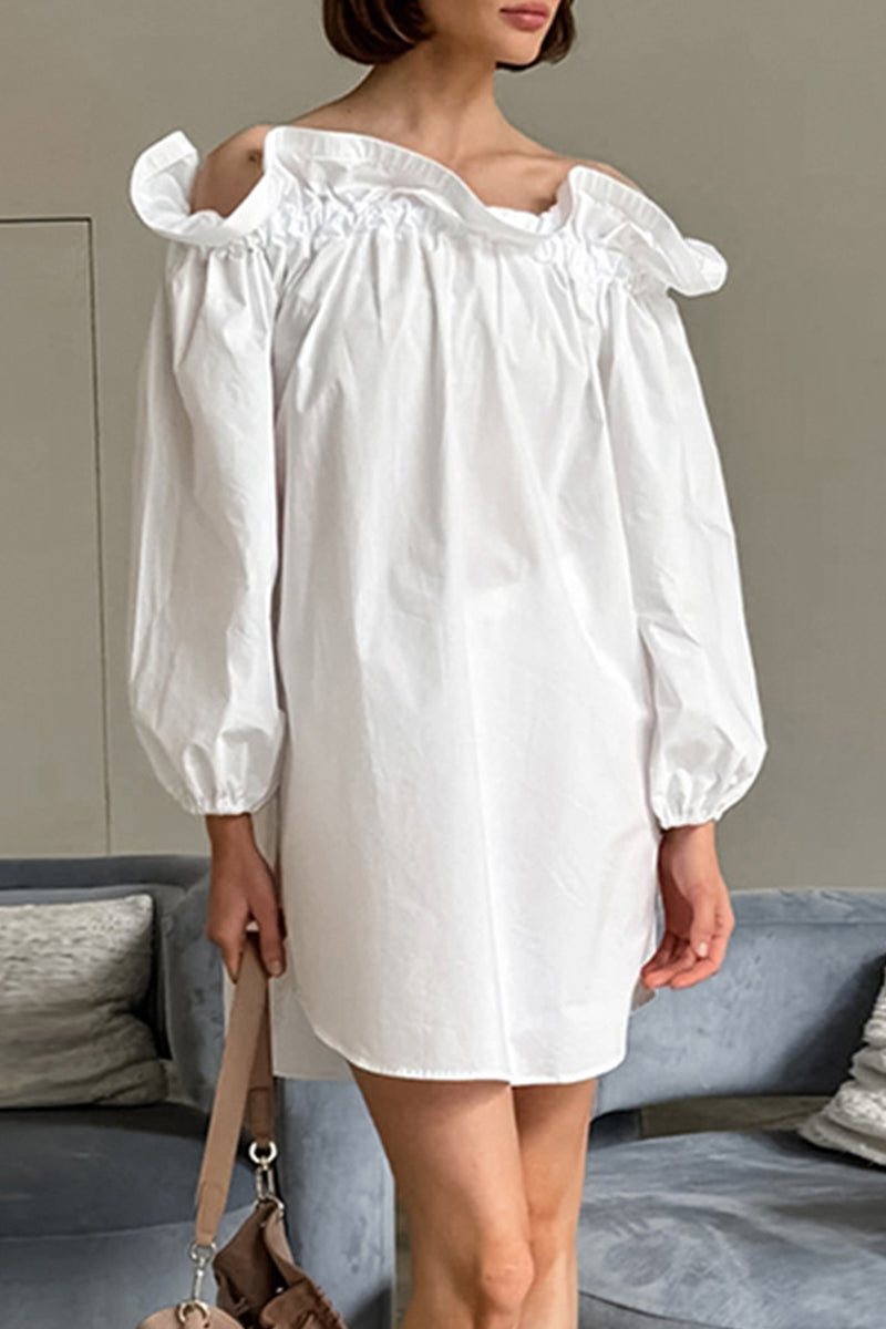Casual Solid Color Ruffle Off Shoulder Off The Shoulder Dresses - Fashionpara