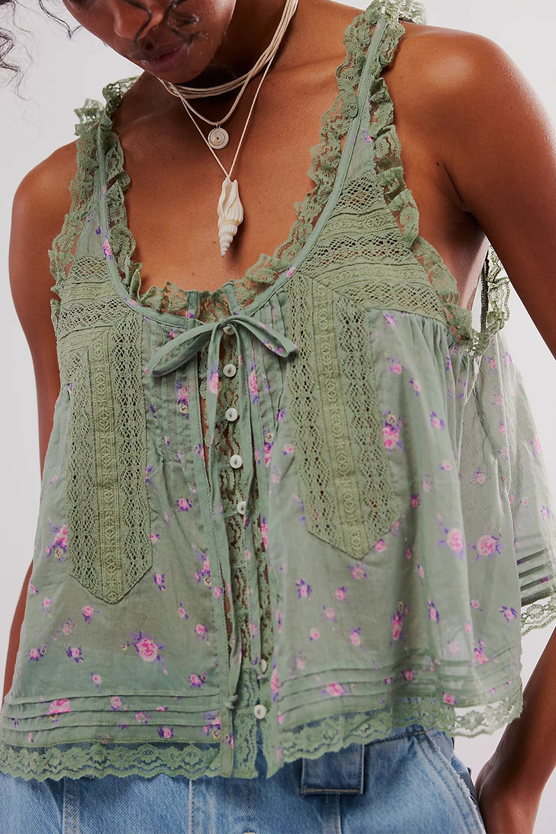 Sexy Flowers Print Hollow Out Lace Up V Neck Tops(3 Colors) - Fashionpara