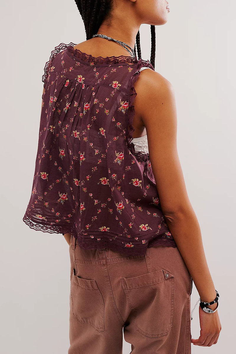 Sexy Flowers Print Hollow Out Lace Up V Neck Tops(3 Colors) - Fashionpara