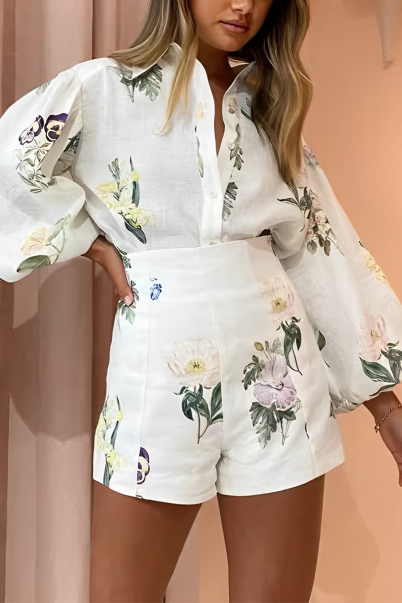 Casual Flowers Print Buttons Turndown Collar Long Sleeve Two Pieces - Fashionpara
