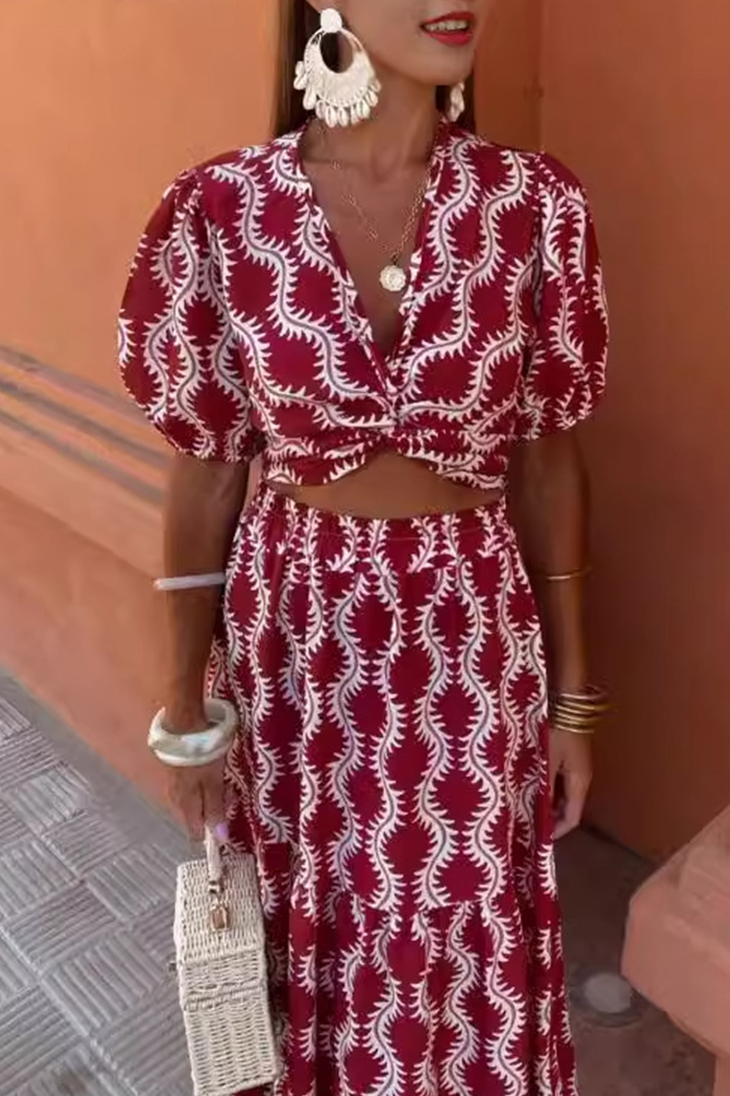 Elegant Geometric Print Hollow Out V Neck A Line Short Sleeve Dress - Fashionpara