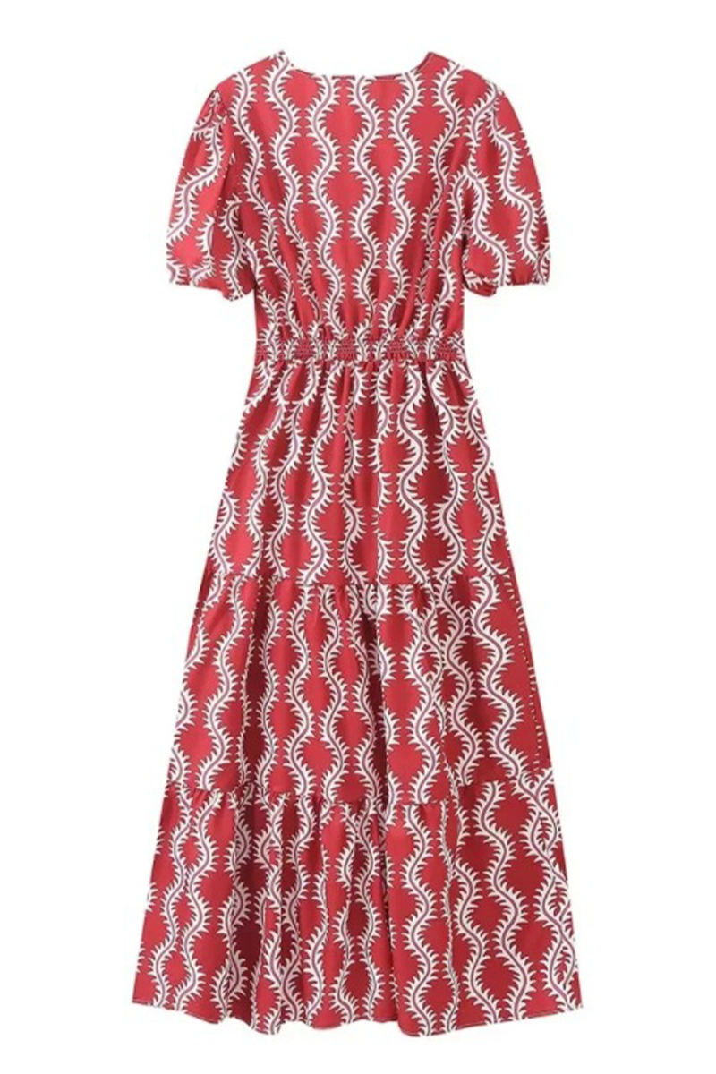 Elegant Geometric Print Hollow Out V Neck A Line Short Sleeve Dress - Fashionpara