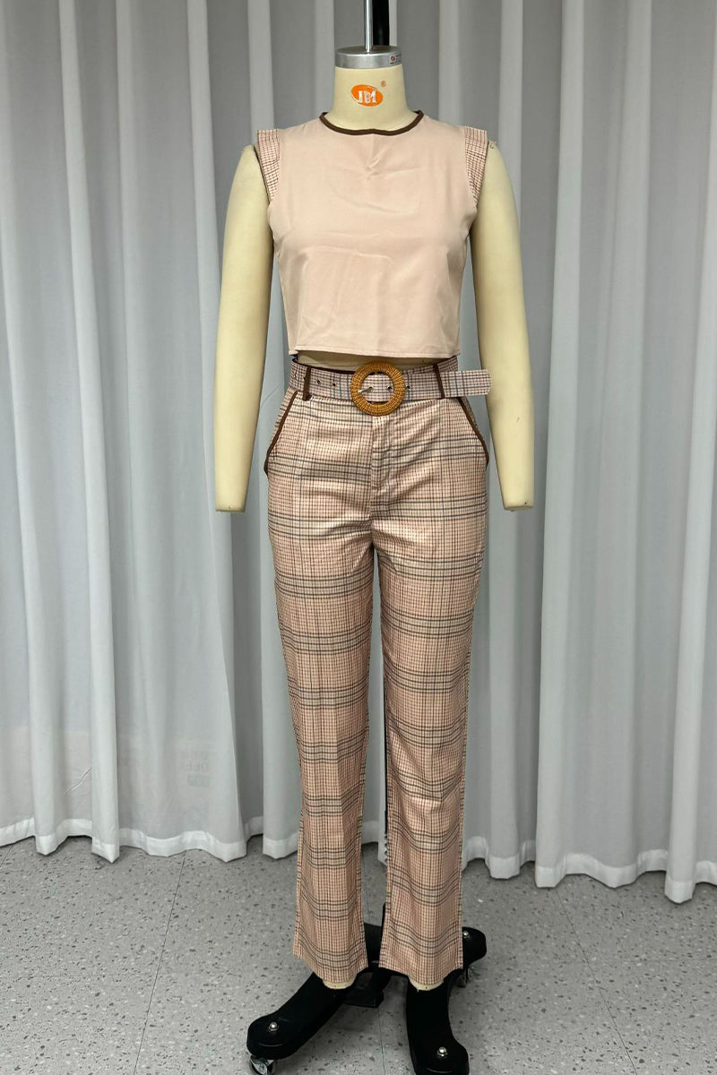 Casual Street Plaid Ruffle With Belt O Neck Sleeveless Two Pieces - Fashionpara