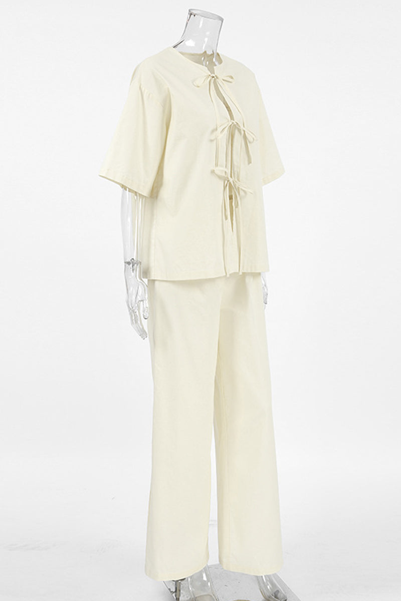 Casual Street Lace Up O Neck Short Sleeve Two Pieces - Fashionpara