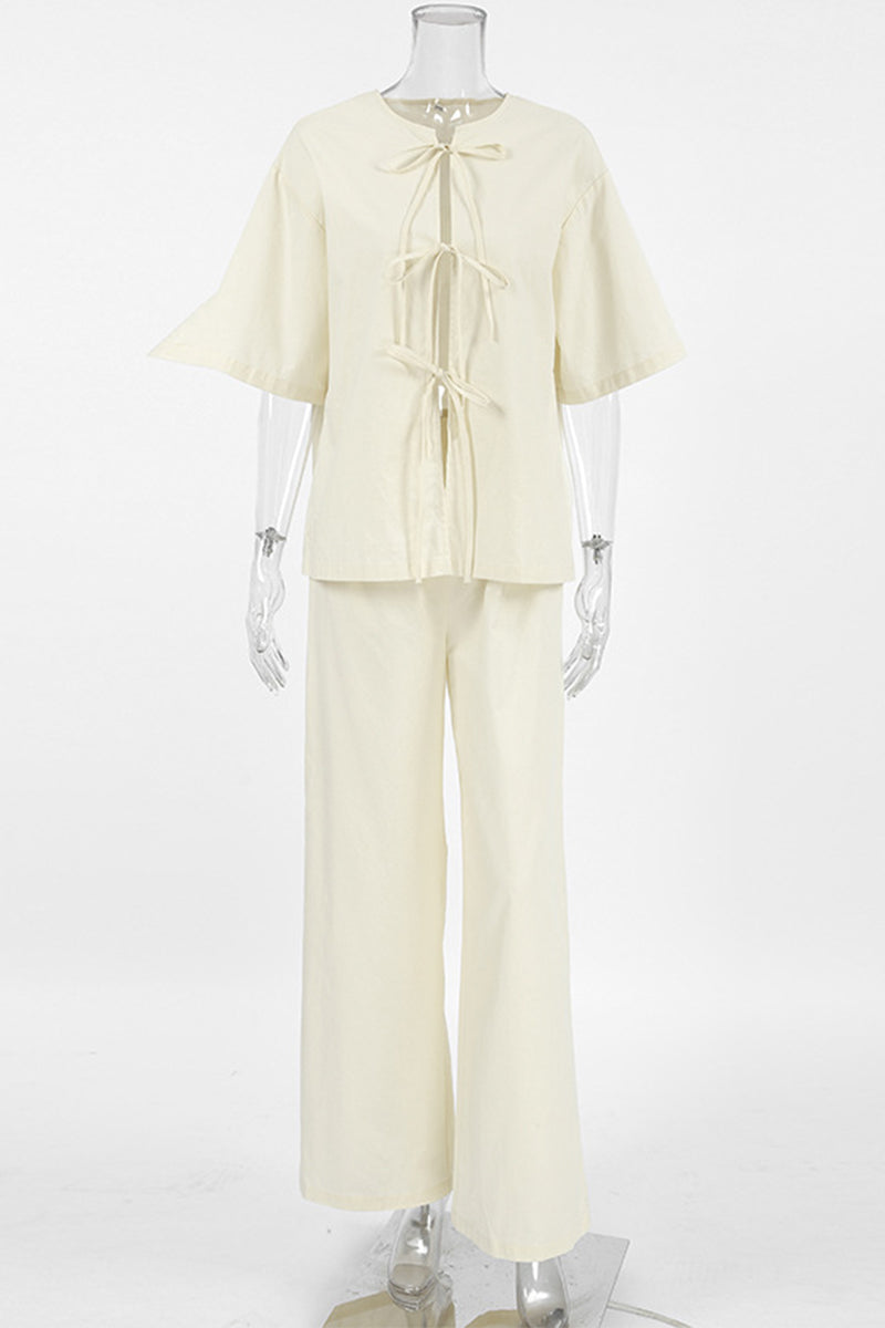 Casual Street Lace Up O Neck Short Sleeve Two Pieces - Fashionpara