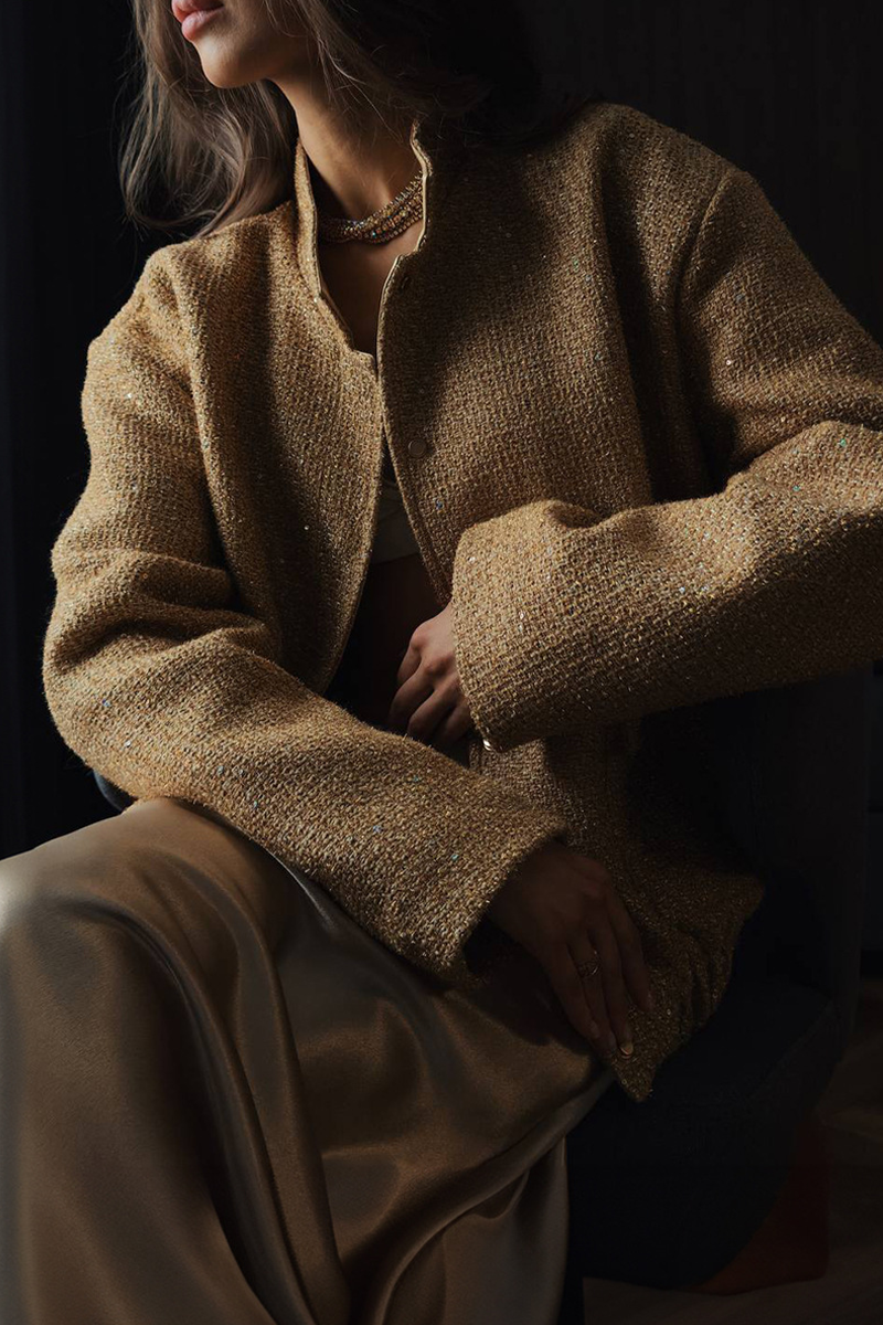 Elegant Solid Color Sequins Mandarin Collar Outerwear Jacket