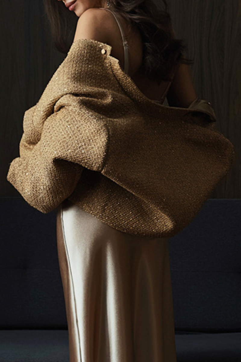 Elegant Solid Color Sequins Mandarin Collar Outerwear Jacket