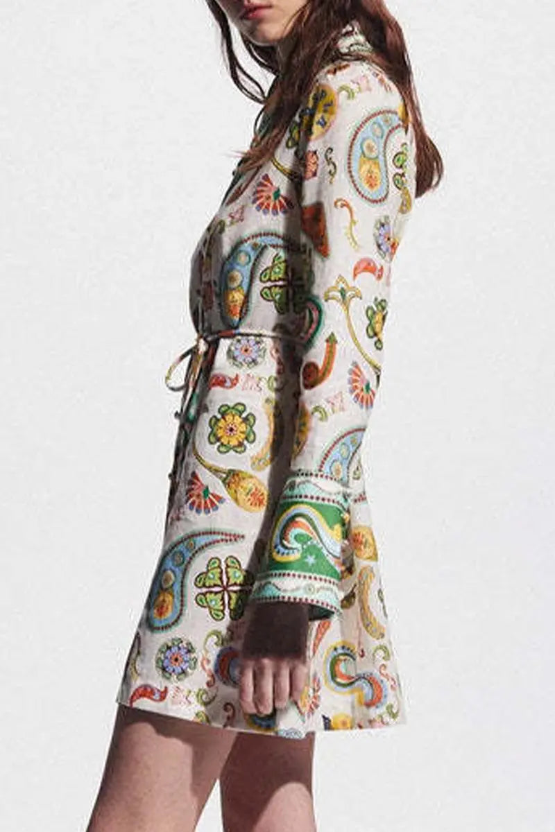 Casual Graffiti Print Lace Up Contrast Turndown Collar Shirt Dresses  Fashionpara