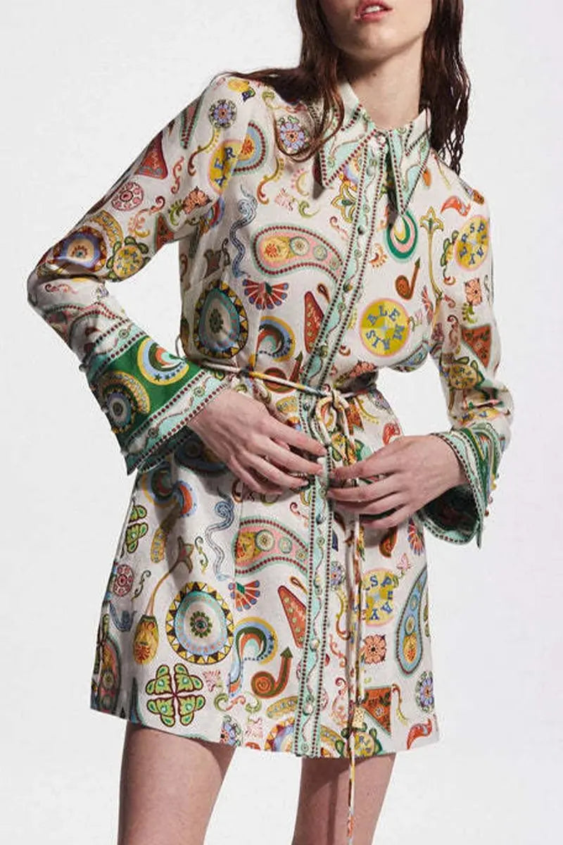 Casual Graffiti Print Lace Up Contrast Turndown Collar Shirt Dresses  Fashionpara