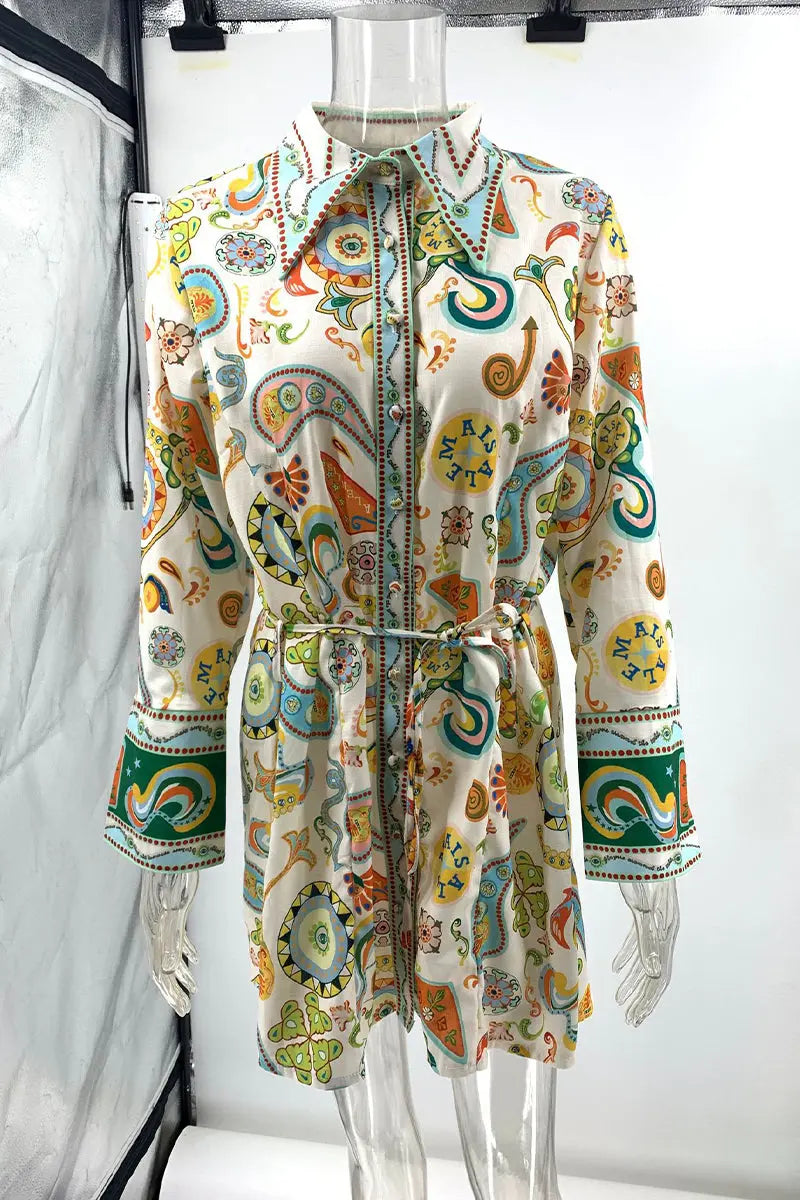 Casual Graffiti Print Lace Up Contrast Turndown Collar Shirt Dresses  Fashionpara