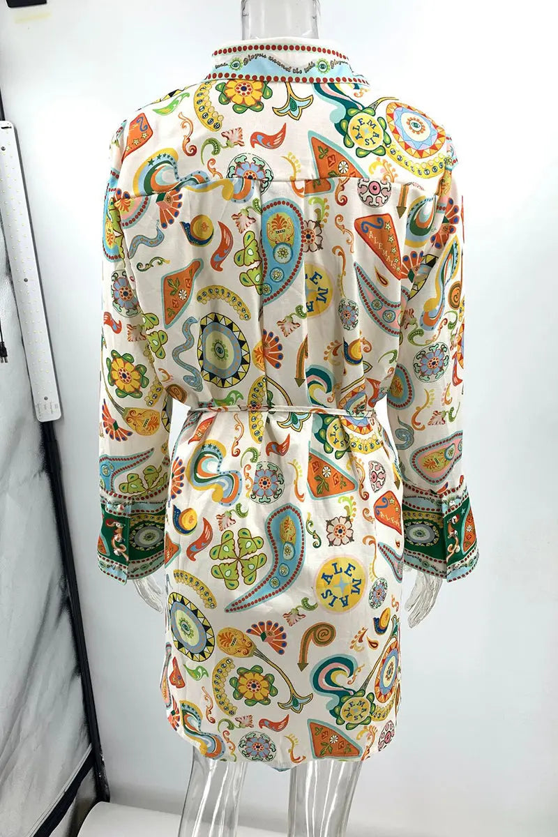 Casual Graffiti Print Lace Up Contrast Turndown Collar Shirt Dresses  Fashionpara