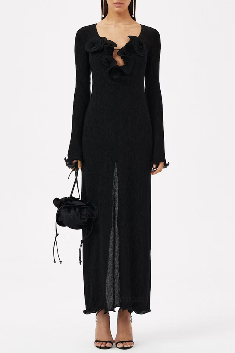 Sexy Slit Flower Shape V Neck Long Sleeve Dresses