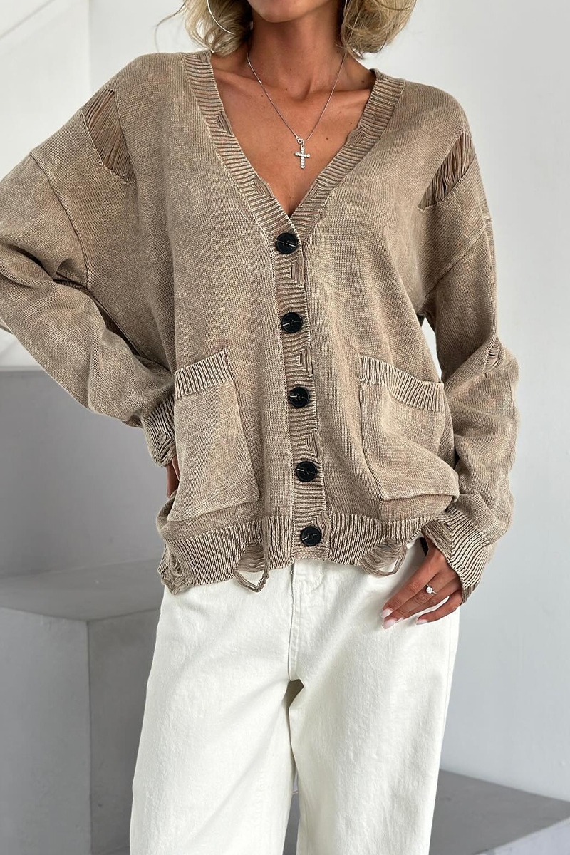 Bohonini V Neck Distressed Knitted Jacket with Pocket Detail