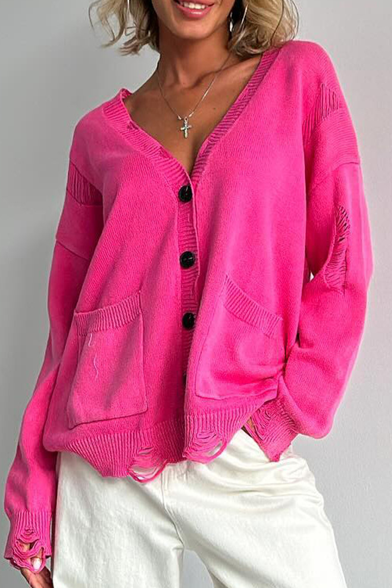 Bohonini V Neck Distressed Knitted Jacket with Pocket Detail