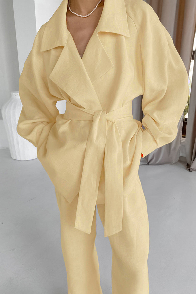 Casual Daily Pocket Lace Up Turn-back Collar Long Sleeve Two Pieces - Fashionpara