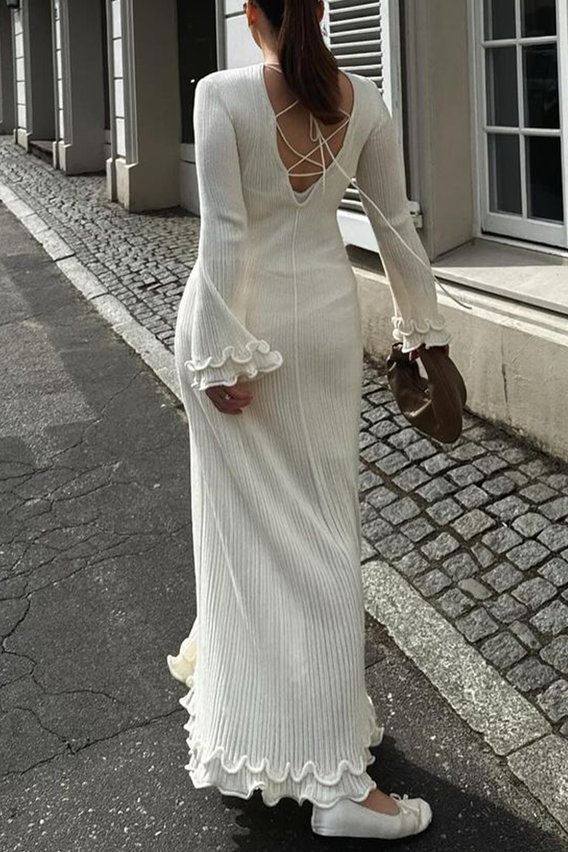 Elegant Solid Color Lace Up Backless O Neck One Step Skirt Dresses - Fashionpara