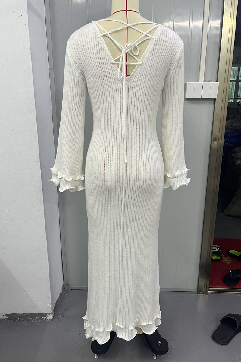 Elegant Solid Color Lace Up Backless O Neck One Step Skirt Dresses - Fashionpara