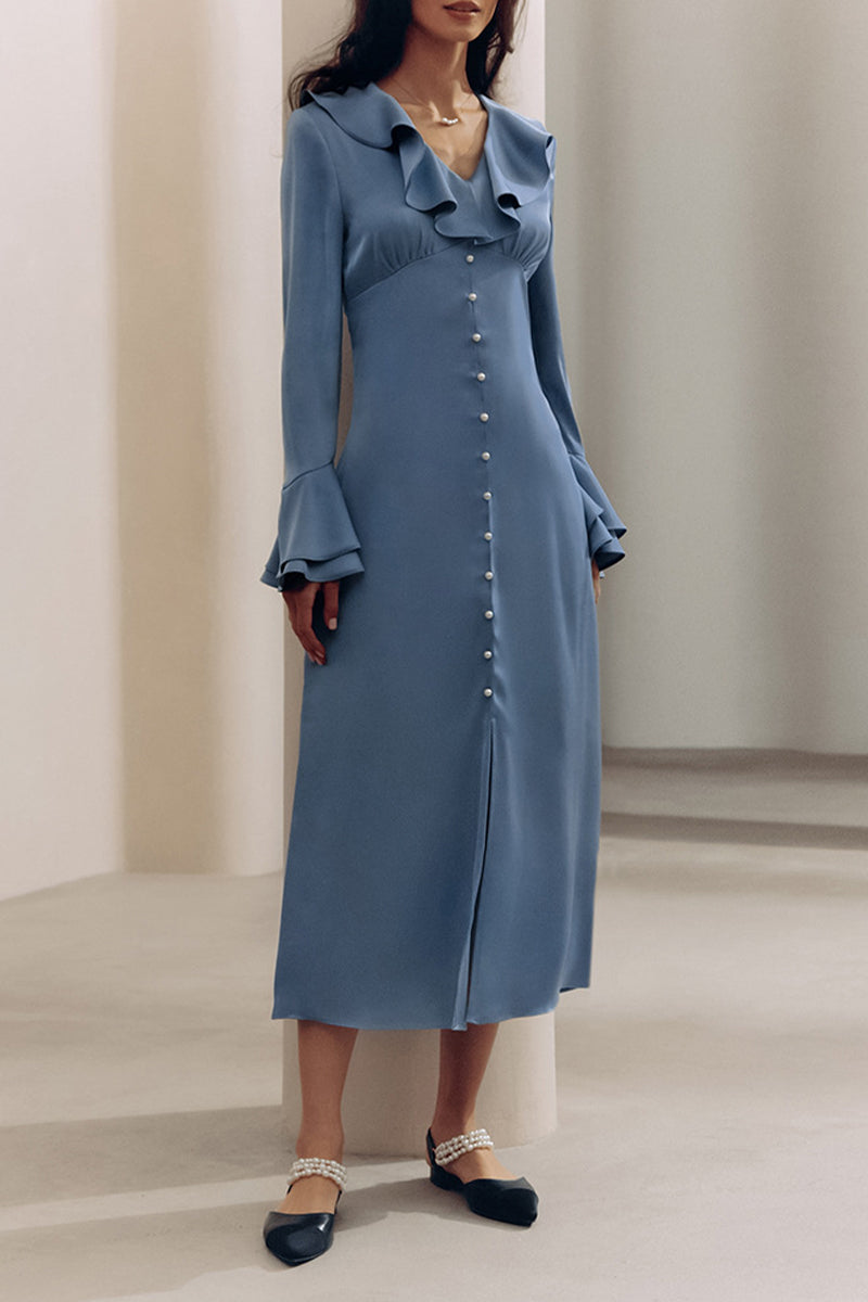 Celebrities Elegant Solid Color Buttons Ruffle V Neck A Line Dresses - Fashionpara