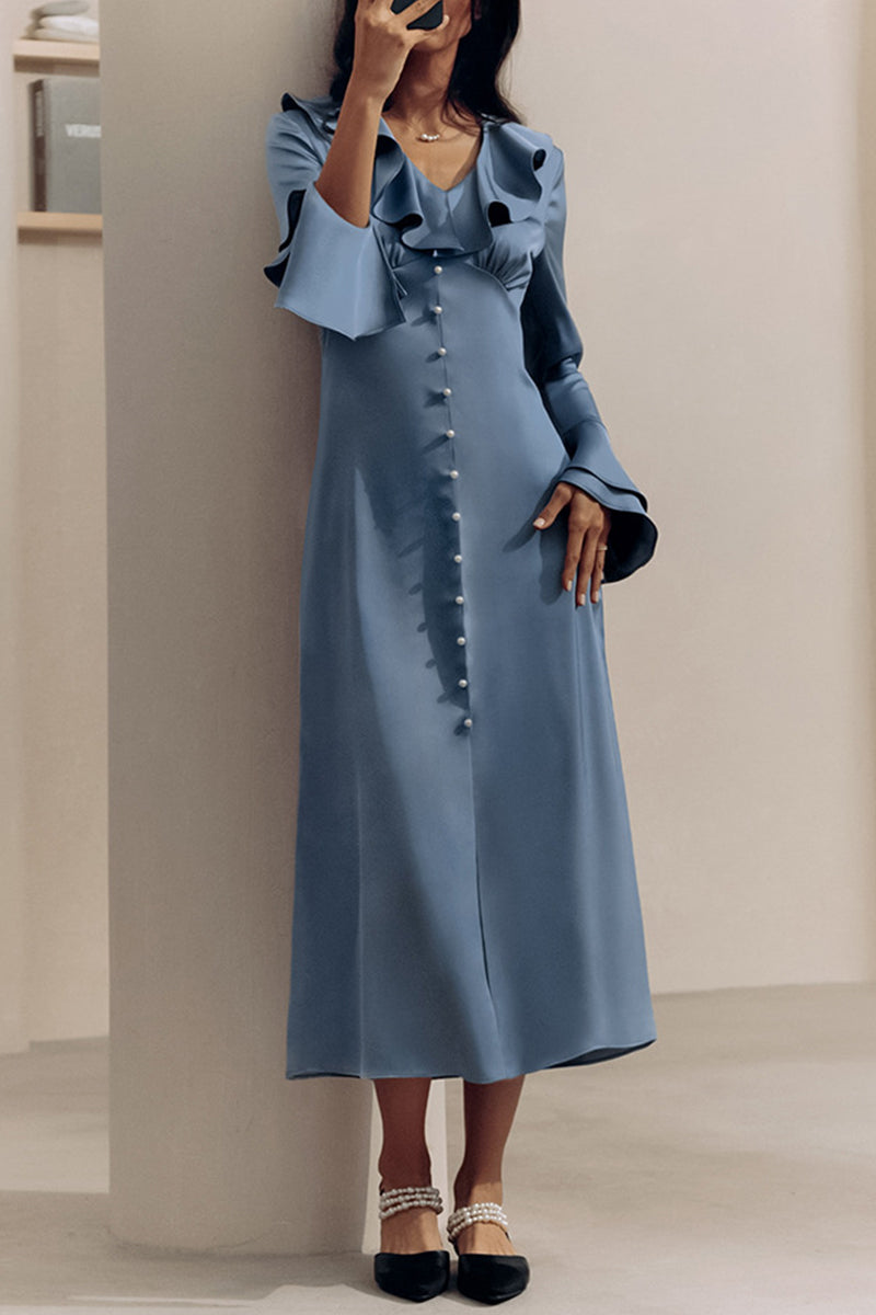 Celebrities Elegant Solid Color Buttons Ruffle V Neck A Line Dresses - Fashionpara