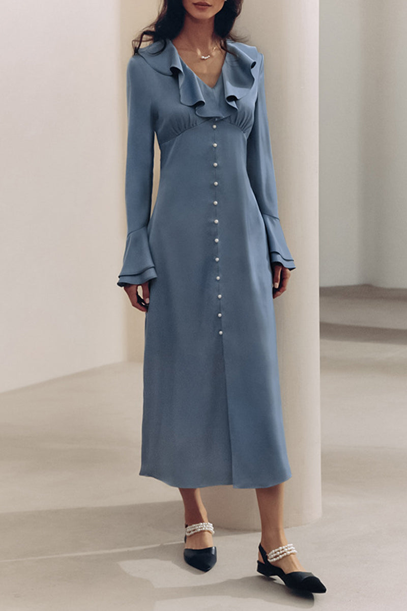 Celebrities Elegant Solid Color Buttons Ruffle V Neck A Line Dresses - Fashionpara