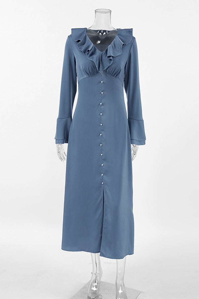 Celebrities Elegant Solid Color Buttons Ruffle V Neck A Line Dresses - Fashionpara