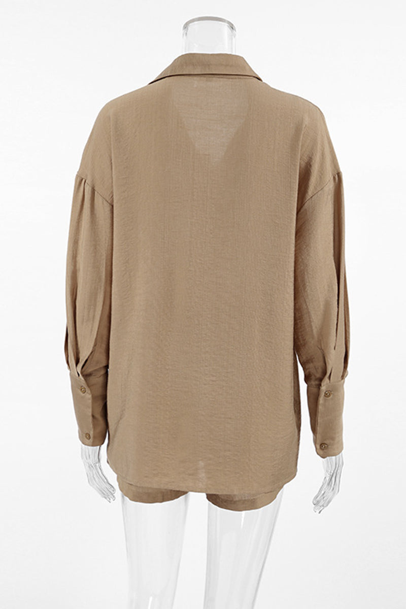 Casual Street Solid Color Patchwork Contrast Turndown Collar Long Sleeve Two Pieces - Fashionpara