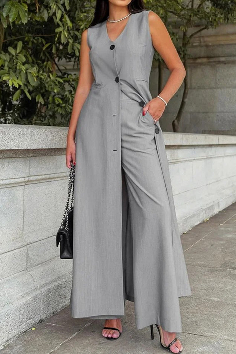 Casual Street Solid Color Pocket Buttons V Neck Sleeveless Two Pieces - Fashionpara