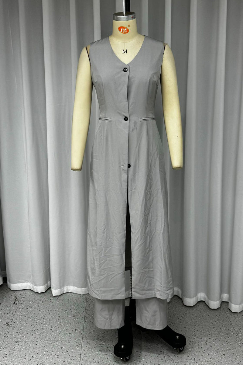 Casual Street Solid Color Pocket Buttons V Neck Sleeveless Two Pieces - Fashionpara