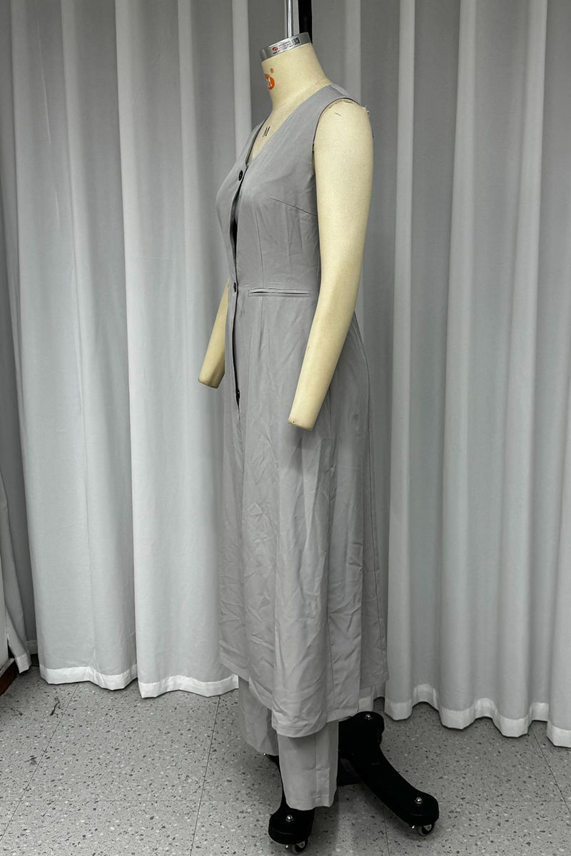 Casual Street Solid Color Pocket Buttons V Neck Sleeveless Two Pieces - Fashionpara