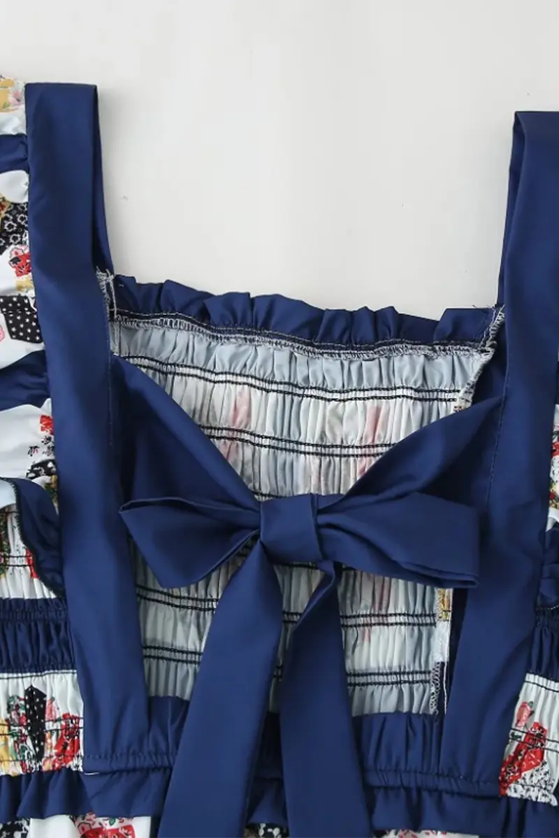 Sexy Geometric Print Patchwork Bow Decor Contrast Square Neck One Step Skirt Dresses  Fashionpara