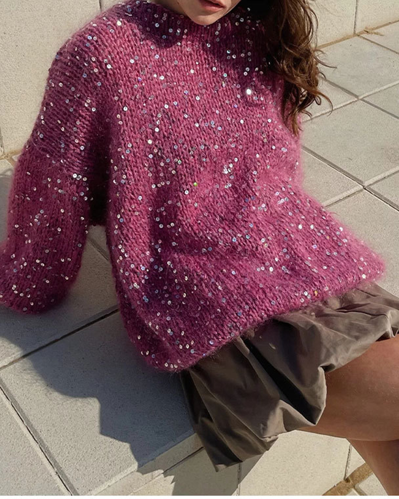 Florcoo Casual Solid Color Sequined O Neck Sweater