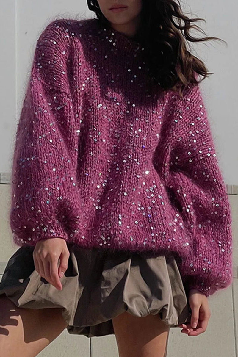 Florcoo Casual Solid Color Sequined O Neck Sweater