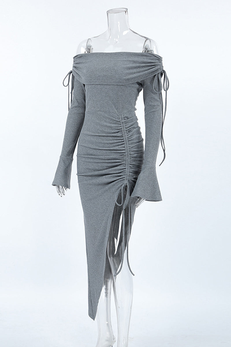 Sexy Solid Color Draw String Off Shoulder Wrapped Skirt Dresses - Fashionpara