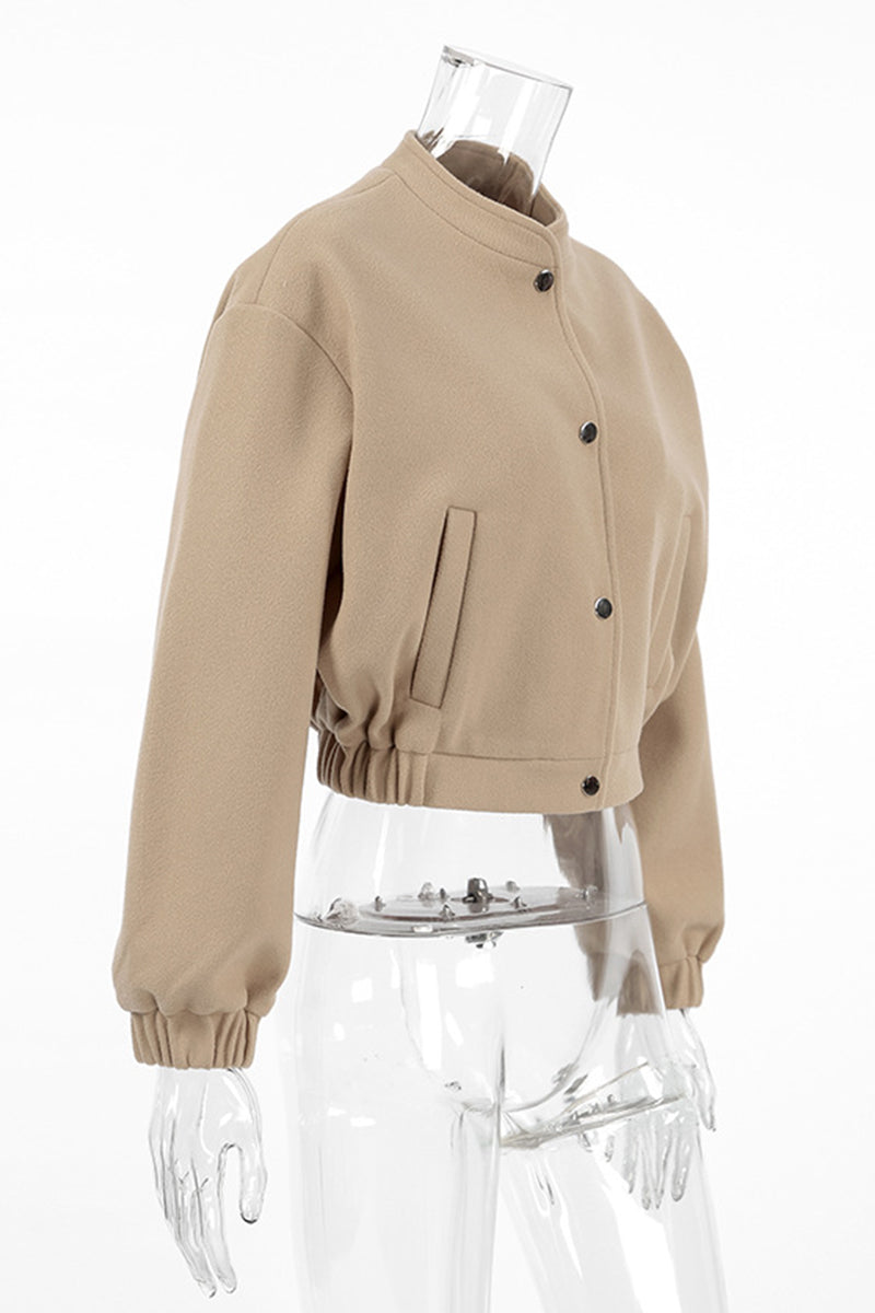 Solid Color Pocket Blazer with Mandarin Collar for Casual Style