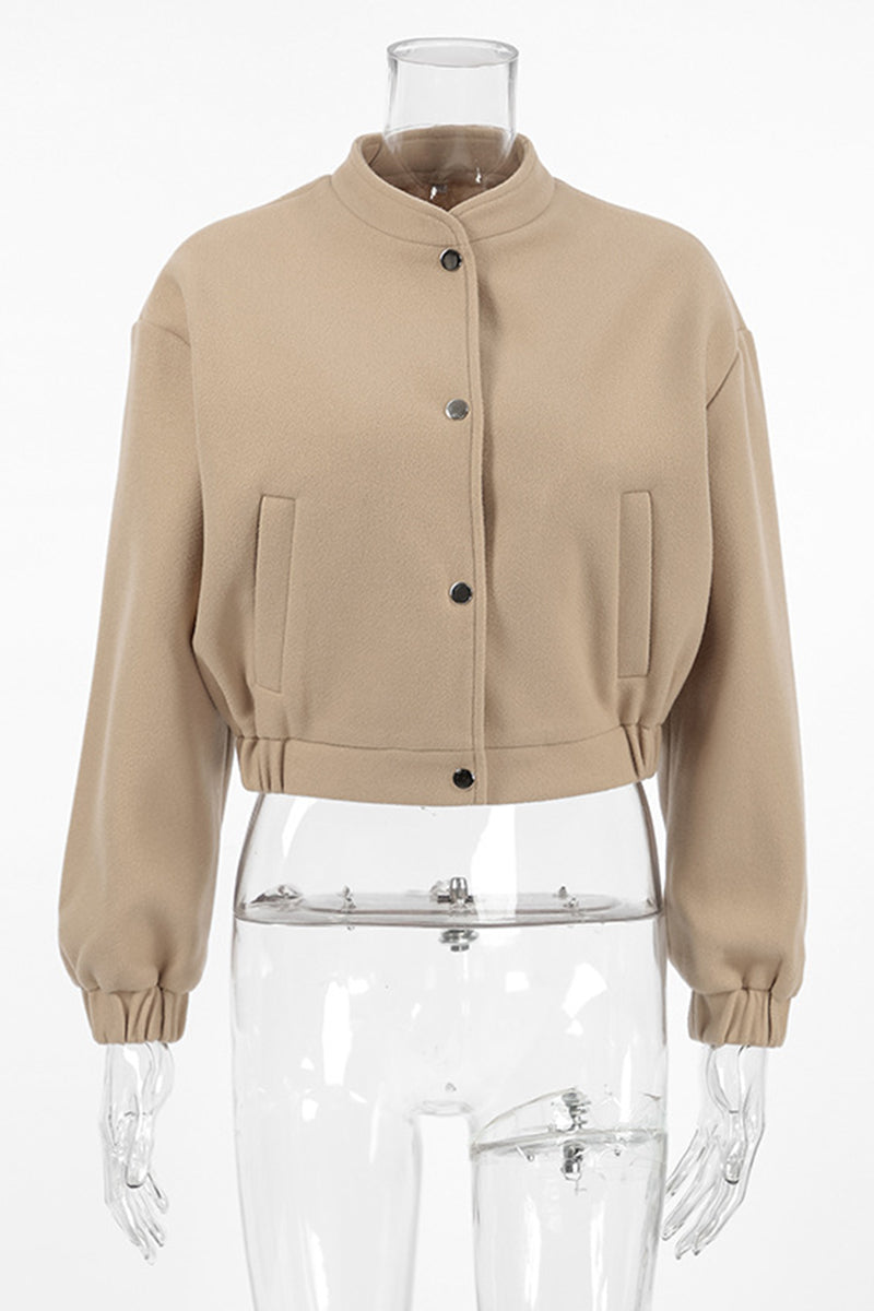 Solid Color Pocket Blazer with Mandarin Collar for Casual Style