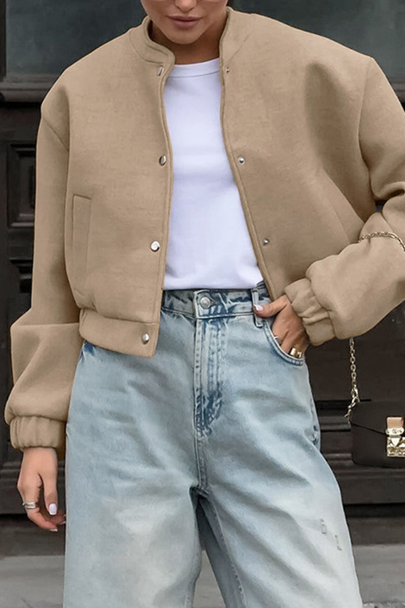 Solid Color Pocket Blazer with Mandarin Collar for Casual Style