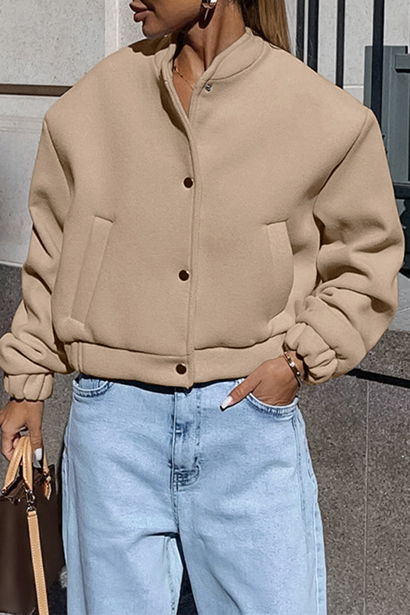 Solid Color Pocket Blazer with Mandarin Collar for Casual Style