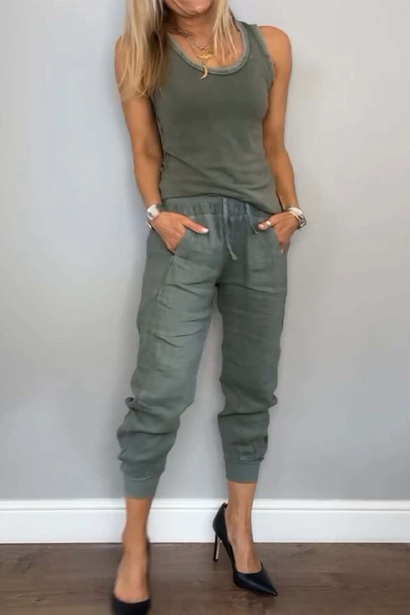 Casual Daily Solid Color Draw String Pocket Lace Up U Neck Sleeveless Two Pieces(6 Colors)