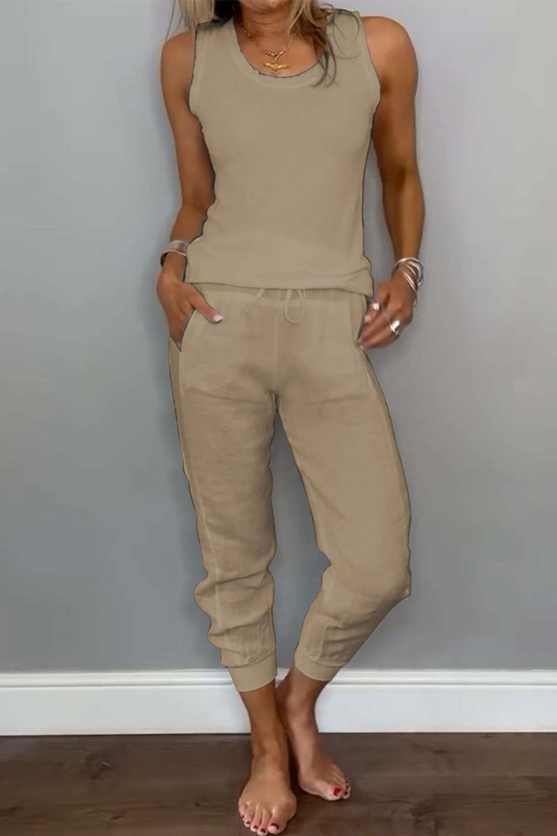 Casual Daily Solid Color Draw String Pocket Lace Up U Neck Sleeveless Two Pieces(6 Colors)