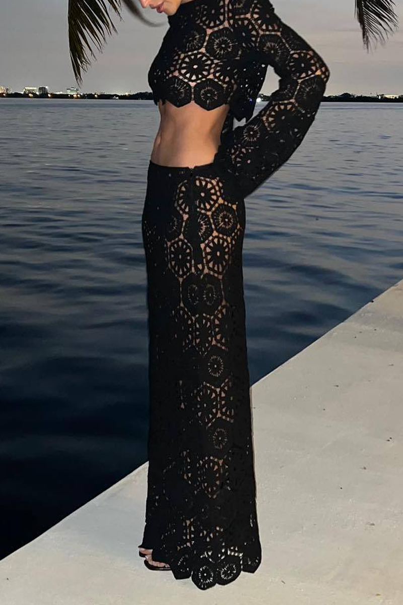 Sexy Vacation Hollow Out O Neck Long Sleeve Two Pieces(4 Colors)