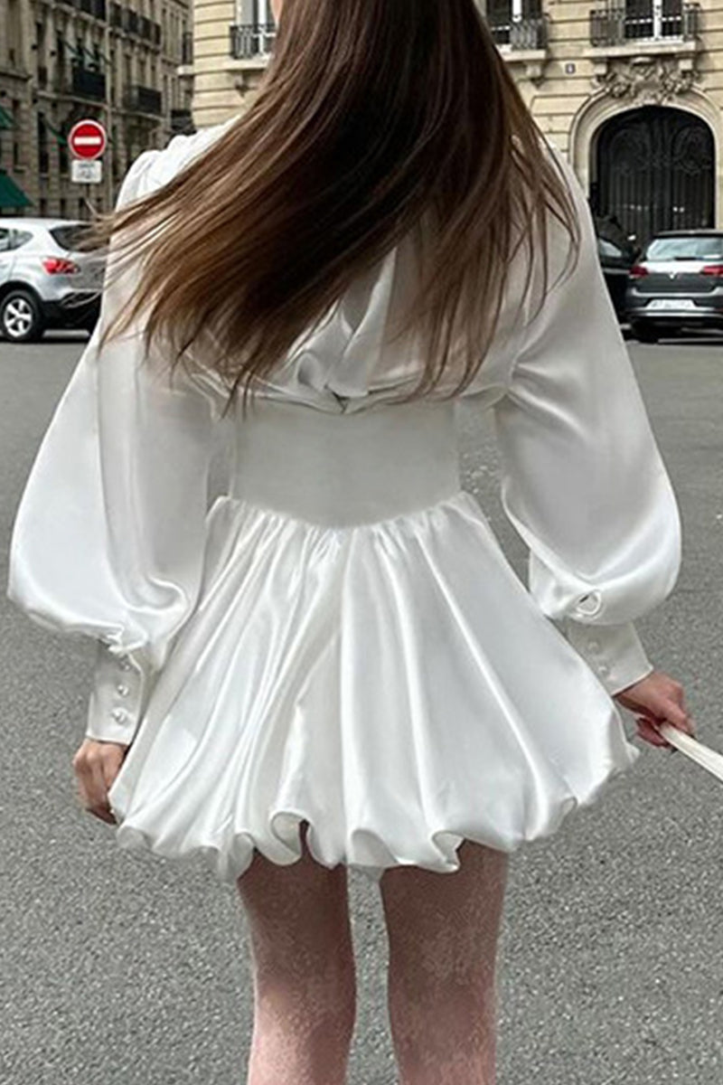 Street Elegant Solid Color Pearls Decor Ruched V Neck Ball Gown Dresses - Fashionpara