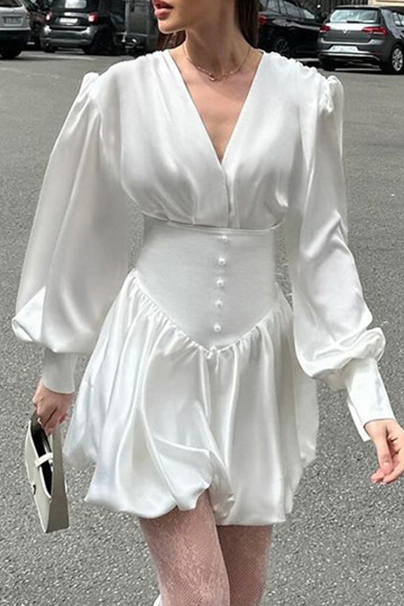 Street Elegant Solid Color Pearls Decor Ruched V Neck Ball Gown Dresses - Fashionpara