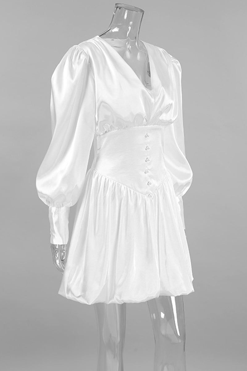 Street Elegant Solid Color Pearls Decor Ruched V Neck Ball Gown Dresses - Fashionpara