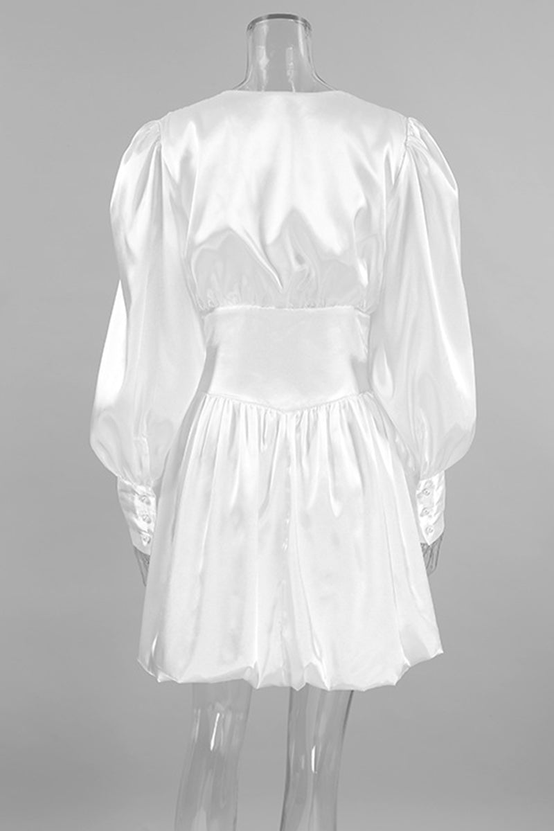 Street Elegant Solid Color Pearls Decor Ruched V Neck Ball Gown Dresses - Fashionpara