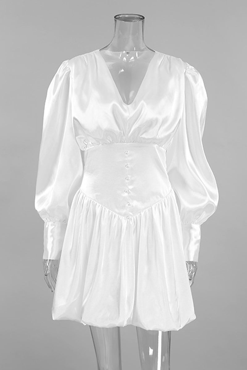 Street Elegant Solid Color Pearls Decor Ruched V Neck Ball Gown Dresses - Fashionpara