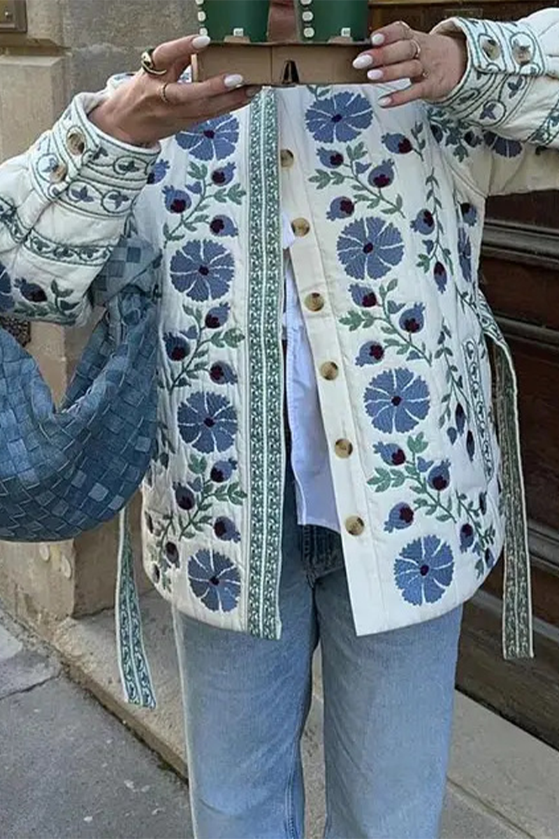 Bohonini Floral Lace-Up Blazer with Button Detail and O-Neck