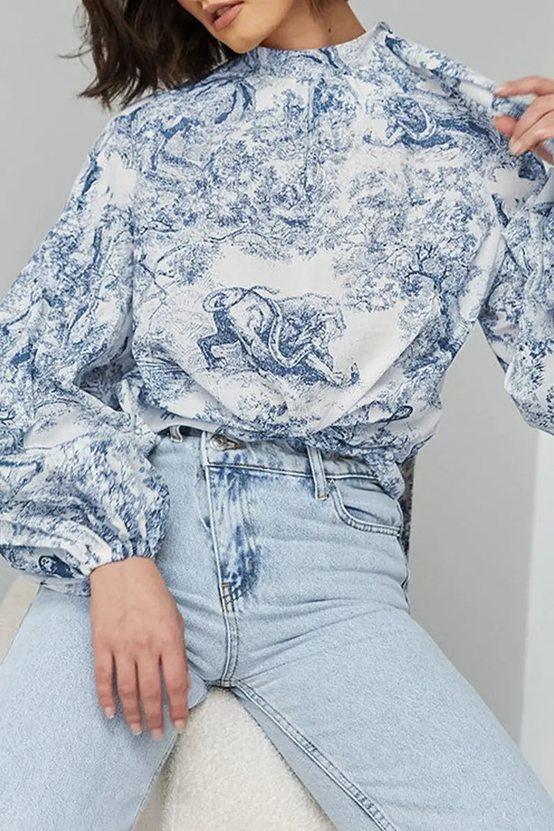 Street Daily Landscape printing Lace Up Mandarin Collar Blouses  Fashionpara